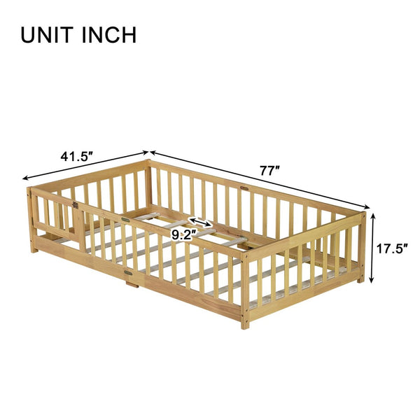English Elm Twin Size Floor Bed With Safety Fence And Door – Eco-Friendly Rubber Wood, Low-Profile Design For Kids W504P286374-GIGA