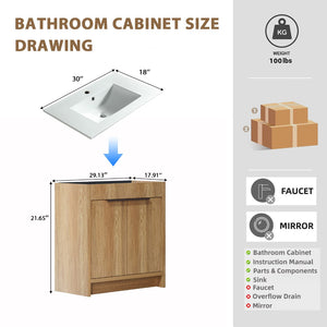 English Elm 30 Inch Floating Bathroom Vanity Fluted Wood Grain Front with Ceramic Integrated Sink W3520S00046