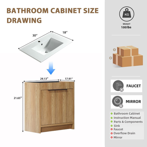 English Elm 30 Inch Floating Bathroom Vanity Fluted Wood Grain Front with Ceramic Integrated Sink W3520S00046
