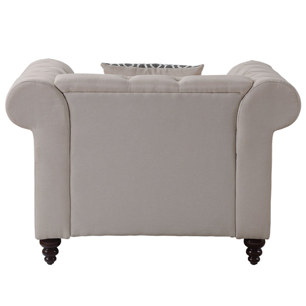 English Elm Aurelia Beige Linen Armchair with Tufted Chesterfield Arms, Nailhead Trim & Accent Pillow —luxury comfort B2726P255739