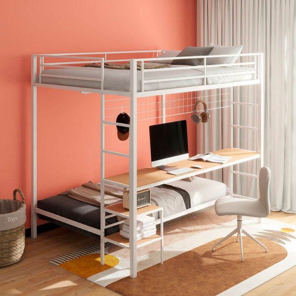 English Elm Metal Full Over Twin Bunk Bed with Built in Desk Powder Coated Steel Study Loft Matte White B016S00061