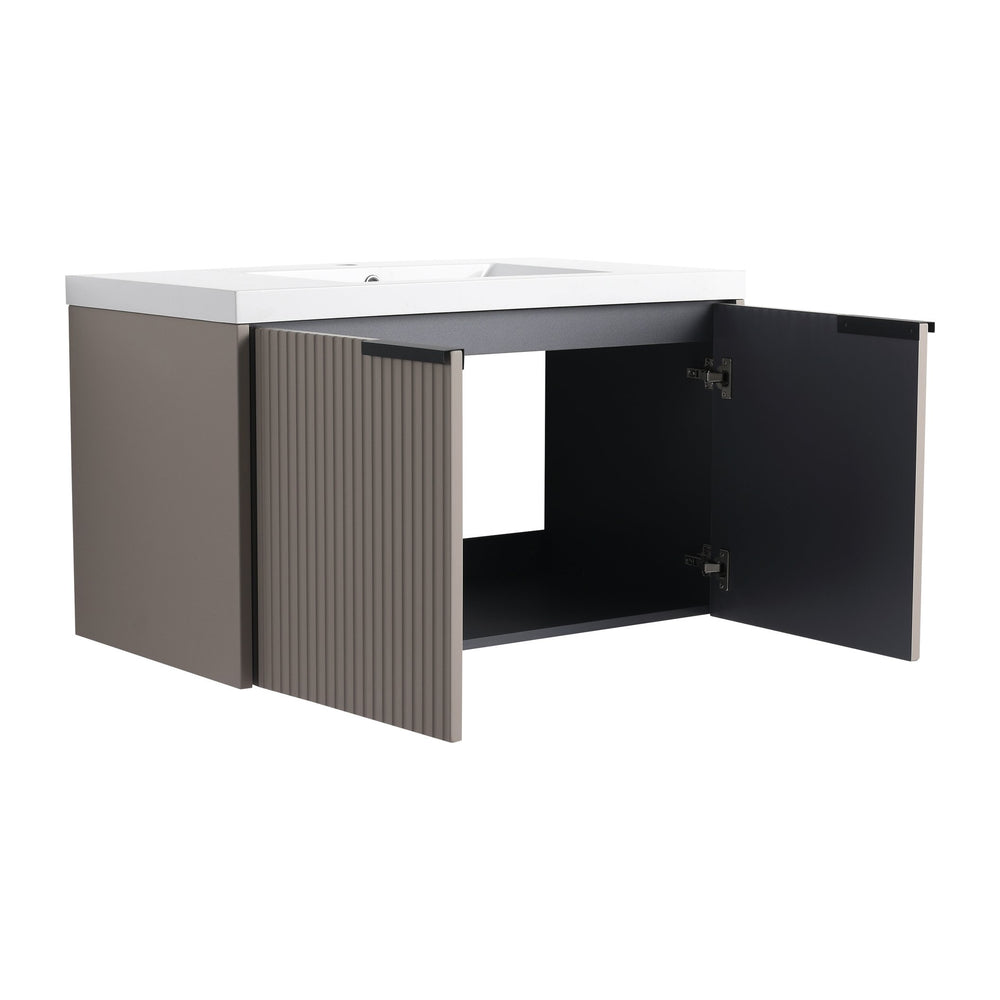 English Elm 36" Floating Bathroom Vanity with Resin Sink, Wavy Doors, Dual Soft-Close Cabinets, Plywood Durable Finish W999P293173