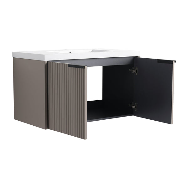 English Elm 36" Floating Bathroom Vanity with Resin Sink, Wavy Doors, Dual Soft-Close Cabinets, Plywood Durable Finish W999P293173