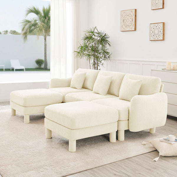 English Elm Boucle U-Shape Sectional Sofa With Shell Armrests & Movable Ottomans - Modern Beige Comfort Piece W3041S00278