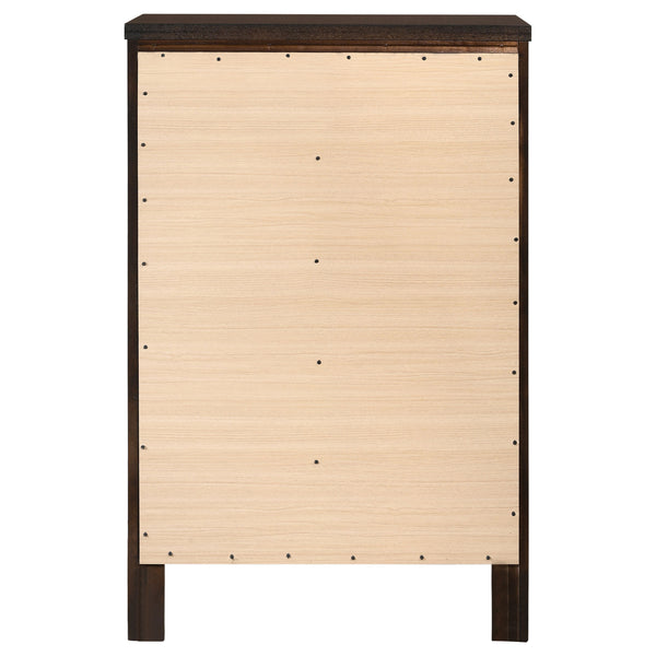 English Elm Payton Cappuccino 5-Drawer Chest with Brushed Silver Handles, Warm Brown Finish for Cozy Elegance B062P328722