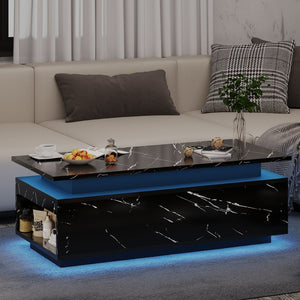 English Elm Coffee Table with Led Lighting Bluetooth Speaker Wireless Charging and Faux Marble Top Black T3773P415725