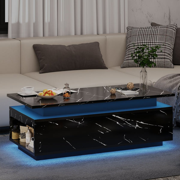 English Elm Coffee Table with Led Lighting Bluetooth Speaker Wireless Charging and Faux Marble Top Black T3773P415725