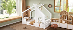 English Elm Twin House Floor Bed with Window & Shelf, Solid Wood Pitched Roof Design for Safe Cozy Sleep White W1580P362678