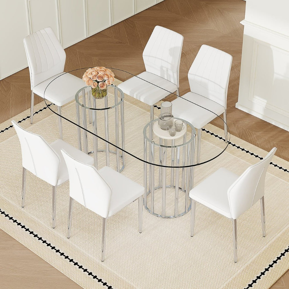 English Elm Table Set Oval Tempered Glass Top Silver Twin Column Base with Six Pu Dining Chairs W1151S04744