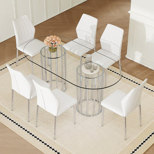 English Elm Table Set Oval Tempered Glass Top Silver Twin Column Base with Six Pu Dining Chairs W1151S04744