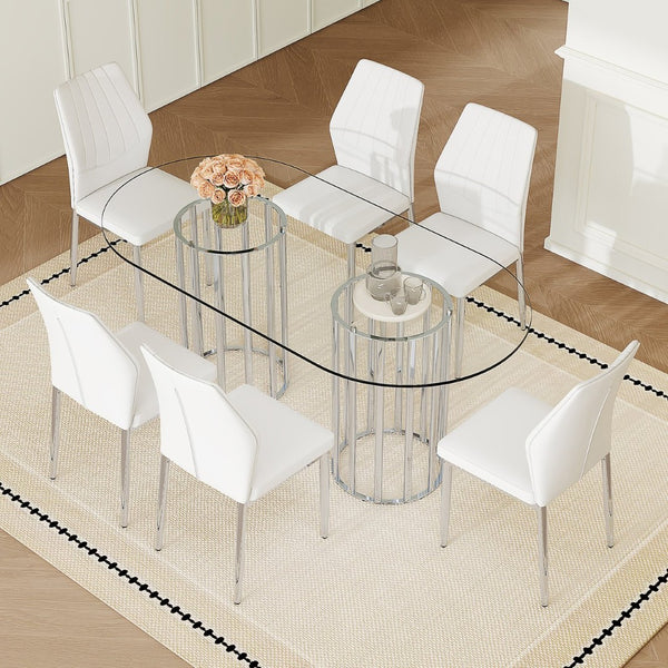 English Elm Table Set Oval Tempered Glass Top Silver Twin Column Base with Six Pu Dining Chairs W1151S04744