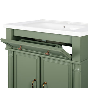 English Elm 27.8" Mid-century Freestanding Bathroom Vanity with Ceramic Sink Drawer and Wood Base Green W1801S00007