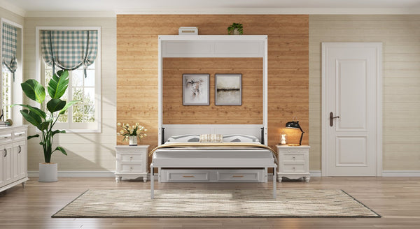 English Elm Full Murphy Bed with Storage Cabinets and Shelves, Space-Saving Wooden Wall Bed with 600lb Capacity Beige N7090004012A