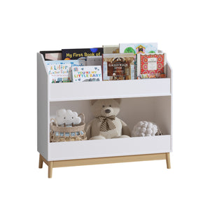 English Elm Toddler White Book Display Shelf with 3-Tier Face-Out Display and Large Bottom Bin, Modern MDF Organizer W808P350170