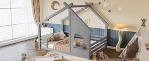 English Elm Twin House Bed Low Profile Pine Wood Frame with Shelf Montessori Kids Floor Sleeping Gray W5305P429646