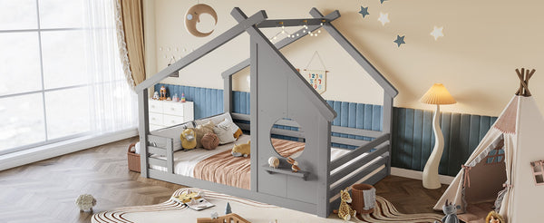 English Elm Twin House Bed Low Profile Pine Wood Frame with Shelf Montessori Kids Floor Sleeping Gray W5305P429646