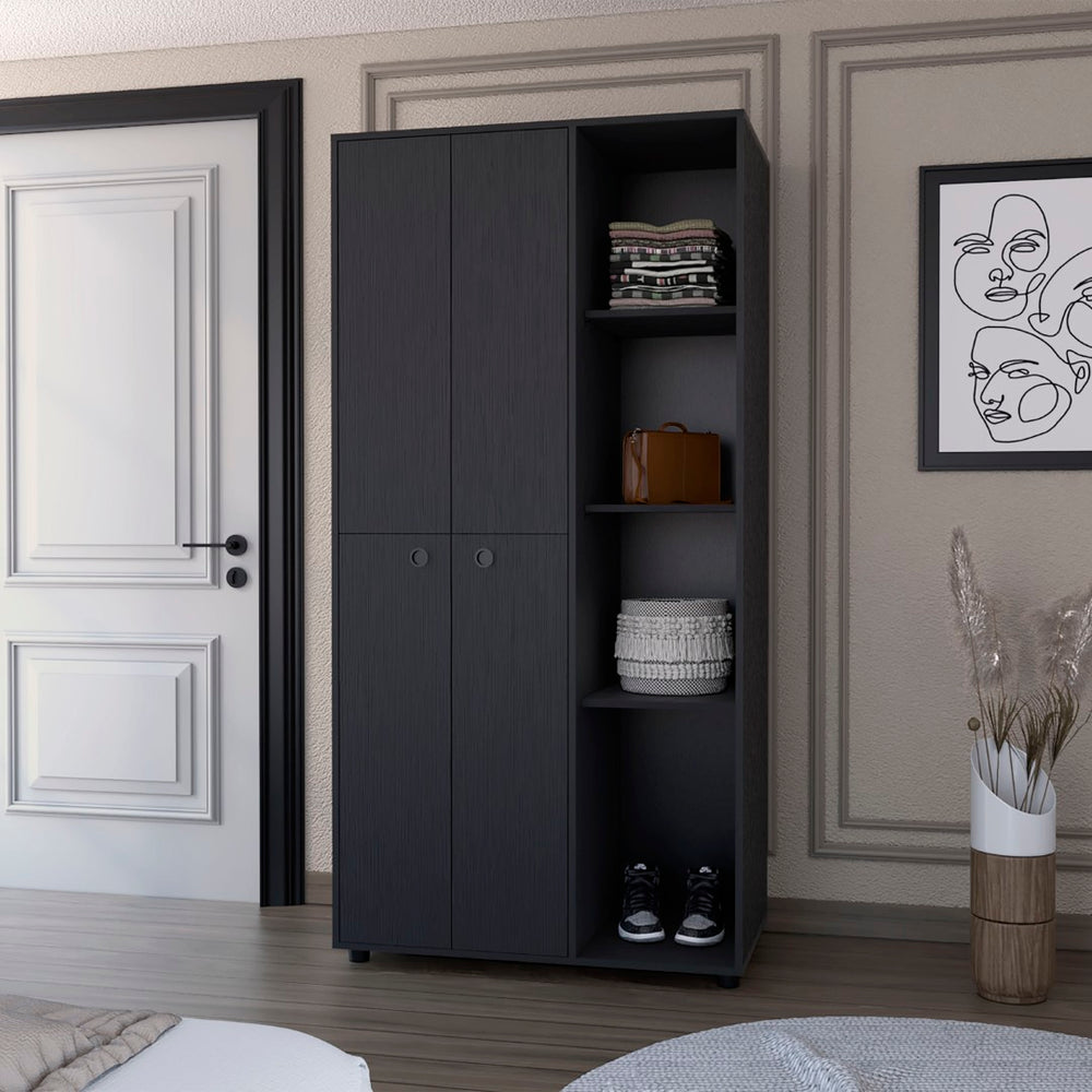English Elm Bethel Slim Profile Wardrobe Armoire with Hanging Rods Open Shelves and Drawer B128S00225