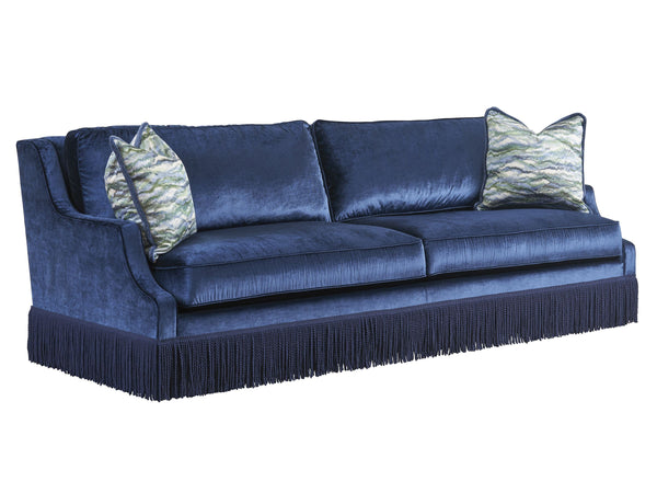 Lexington Barnaby Plush Upholstered Sofa with Down Cushions Tailored Skirt and Metallic Accents for Living in Warm Blue Aqua Upholstery 7290-33-61