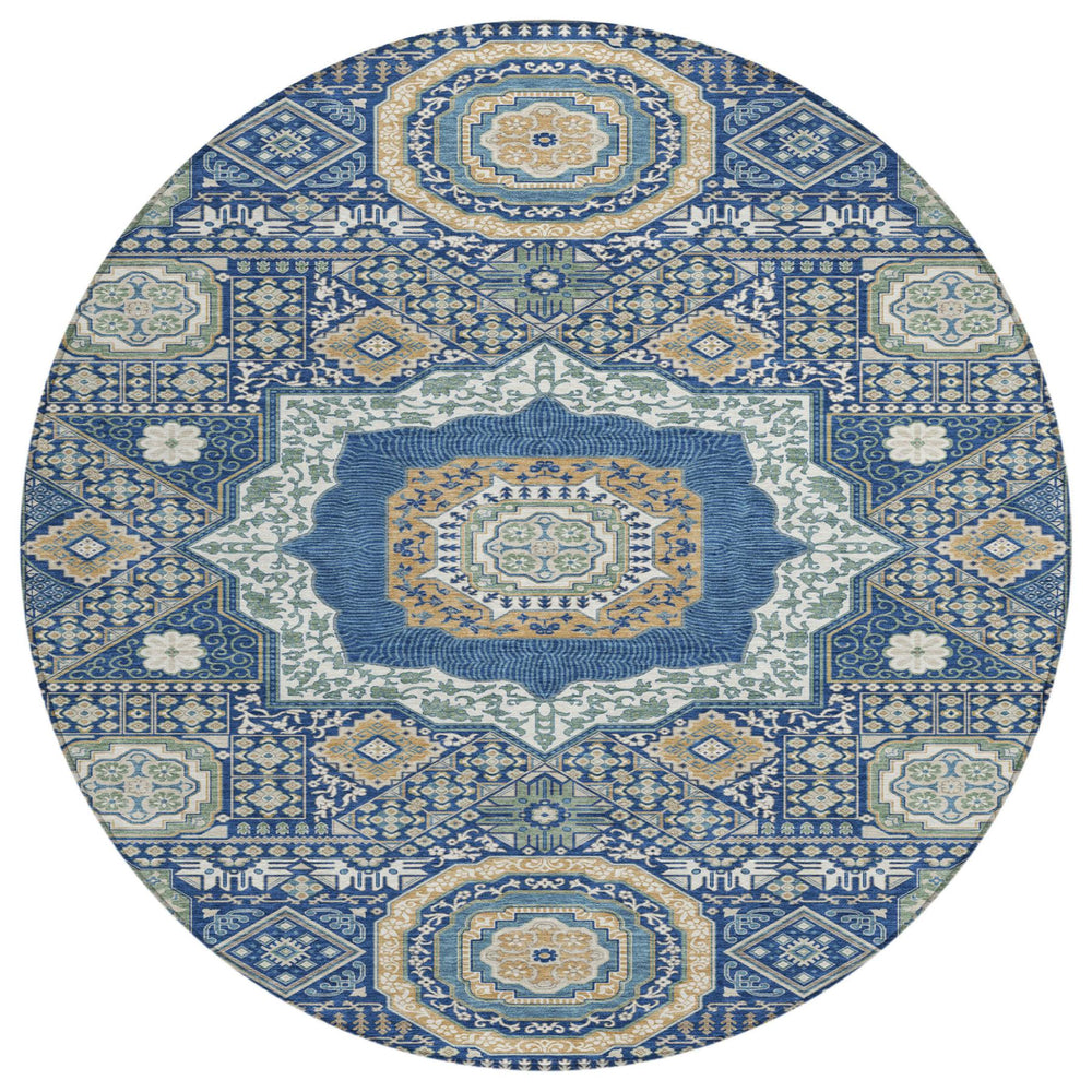 HomeRoots 8 Ft Round Oriental Polyester Area Rug Navy Beige Machine Washable Indoor Outdoor 729004