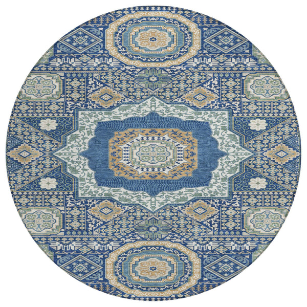 HomeRoots 8 Ft Round Oriental Polyester Area Rug Navy Beige Machine Washable Indoor Outdoor 729004