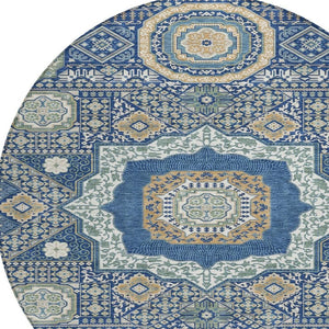 8 Ft Round Oriental Polyester Area Rug Navy Beige Machine Washable Indoor Outdoor