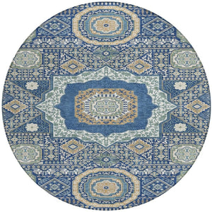 8 Ft Round Oriental Polyester Area Rug Navy Beige Machine Washable Indoor Outdoor