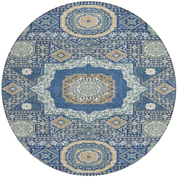 8 Ft Round Oriental Polyester Area Rug Navy Beige Machine Washable Indoor Outdoor