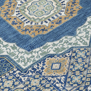8 Ft Round Oriental Polyester Area Rug Navy Beige Machine Washable Indoor Outdoor