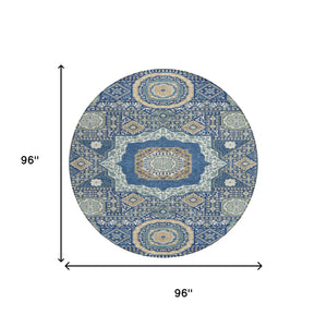 8 Ft Round Oriental Polyester Area Rug Navy Beige Machine Washable Indoor Outdoor
