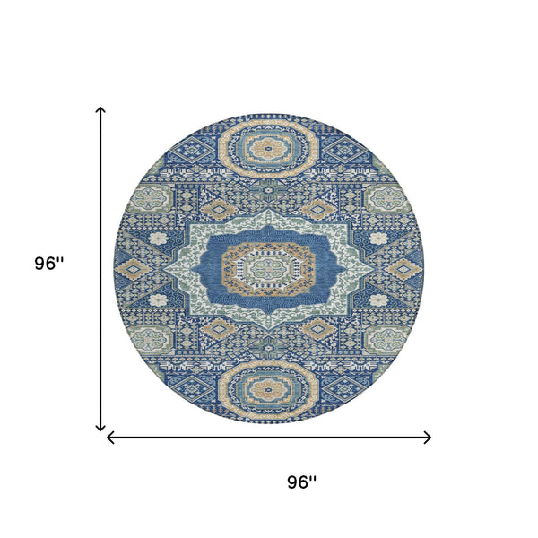 8 Ft Round Oriental Polyester Area Rug Navy Beige Machine Washable Indoor Outdoor