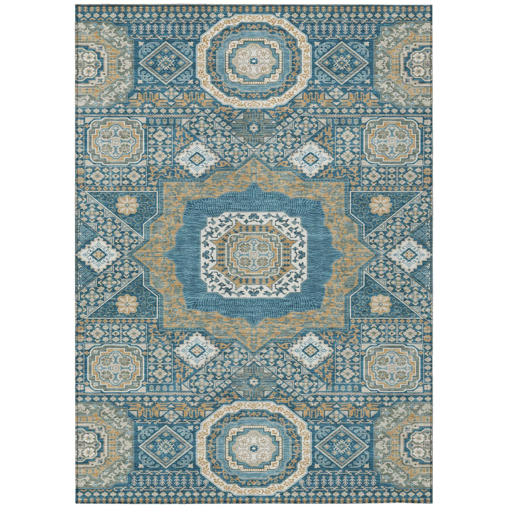 Oriental Polyester Area Rug Uv Resistant Washable Teal Ivory for Indoor Outdoor Spaces