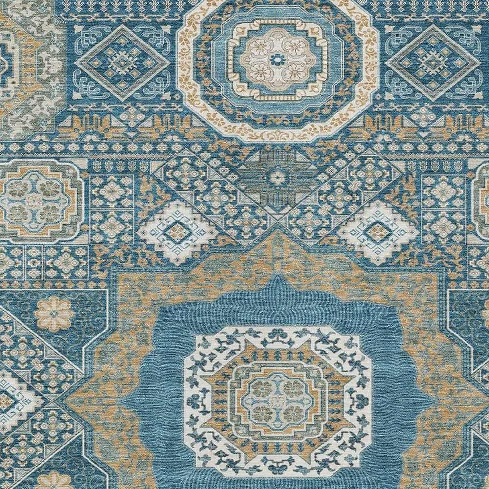 Oriental Polyester Area Rug Uv Resistant Washable Teal Ivory for Indoor Outdoor Spaces