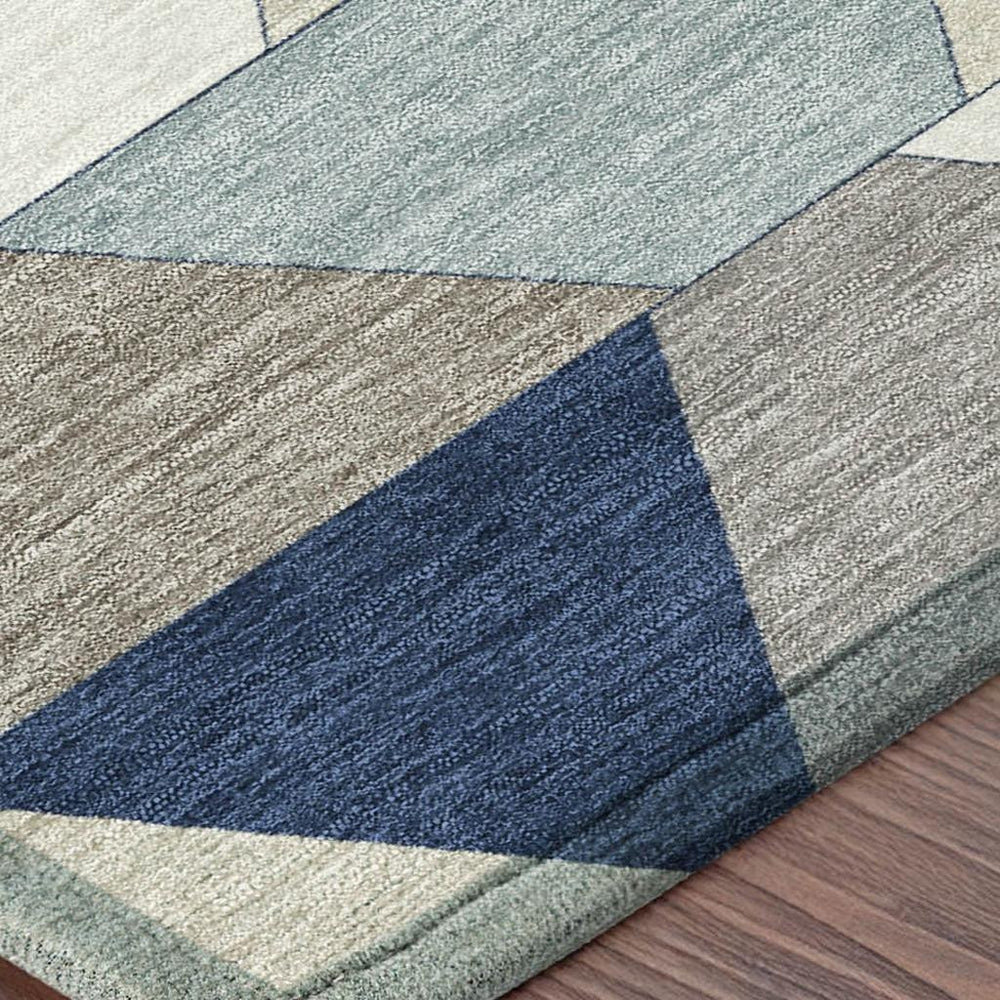 HomeRoots 5x8 Navy Teal Geometric Polyester Area Rug Washable for Indoor Outdoor Spaces 729045