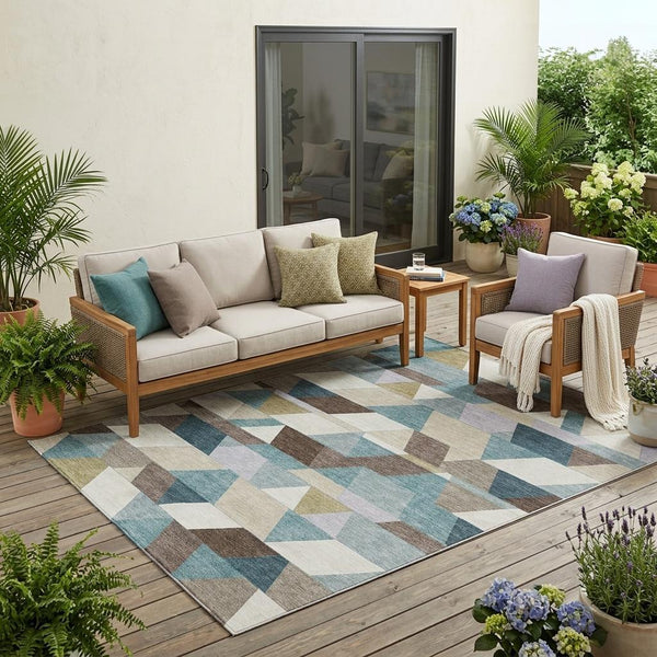 Geometric Polyester Area Rug Washable Teal Aqua for Indoor Outdoor Patio or Living Room