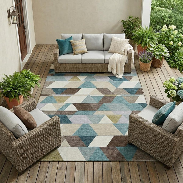 Geometric Polyester Area Rug Washable Teal Aqua for Indoor Outdoor Patio or Living Room