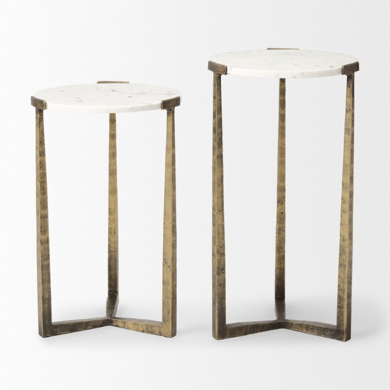 HomeRoots Set of Two Antiqued Gold Iron Cross Leg Round Nesting Tables with Marble Finish Tops 729065