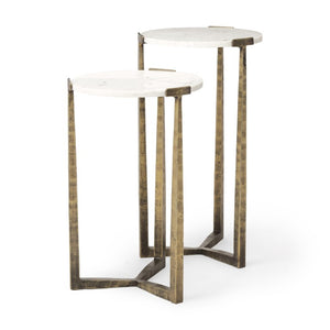 Set of Two Antiqued Gold Iron Cross Leg Round Nesting Tables with Marble Finish Tops