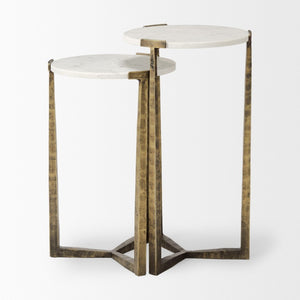 Set of Two Antiqued Gold Iron Cross Leg Round Nesting Tables with Marble Finish Tops
