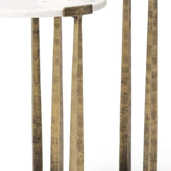 Set of Two Antiqued Gold Iron Cross Leg Round Nesting Tables with Marble Finish Tops
