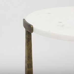 Set of Two Antiqued Gold Iron Cross Leg Round Nesting Tables with Marble Finish Tops
