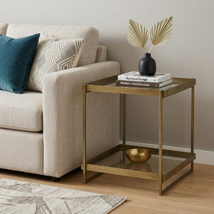 24 Inch Square Tempered Glass Iron End Table with Two Open Shelves for Modern Living Rooms
