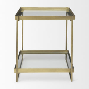 HomeRoots 24 Inch Square Tempered Glass Iron End Table with Two Open Shelves for Modern Living Rooms Clear / Gold 729066