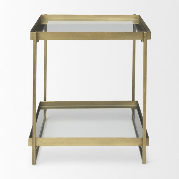 HomeRoots 24 Inch Square Tempered Glass Iron End Table with Two Open Shelves for Modern Living Rooms Clear / Gold 729066