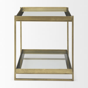 24 Inch Square Tempered Glass Iron End Table with Two Open Shelves for Modern Living Rooms