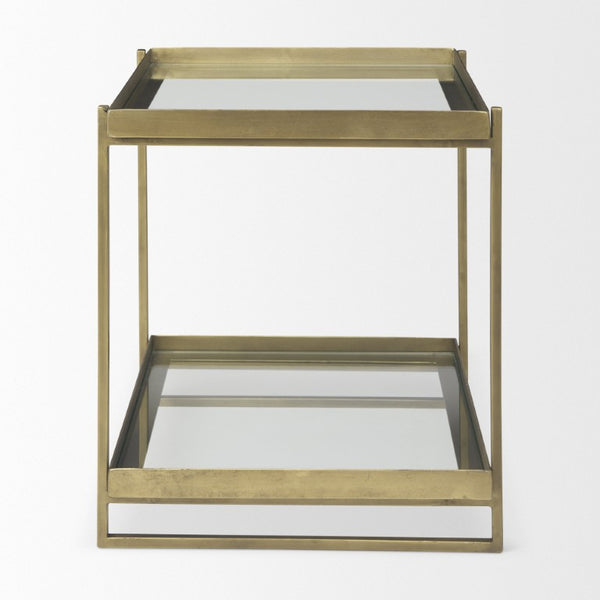 24 Inch Square Tempered Glass Iron End Table with Two Open Shelves for Modern Living Rooms