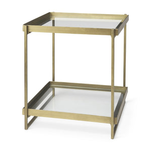 24 Inch Square Tempered Glass Iron End Table with Two Open Shelves for Modern Living Rooms