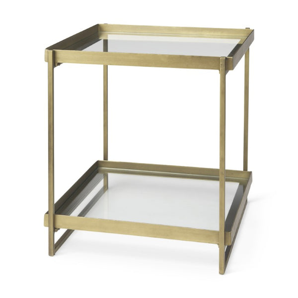 24 Inch Square Tempered Glass Iron End Table with Two Open Shelves for Modern Living Rooms