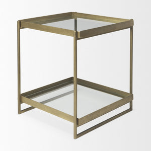 24 Inch Square Tempered Glass Iron End Table with Two Open Shelves for Modern Living Rooms
