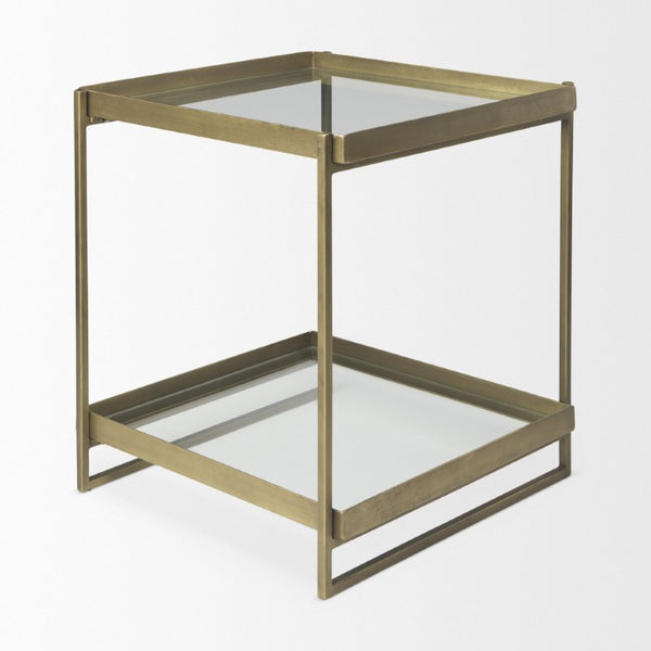24 Inch Square Tempered Glass Iron End Table with Two Open Shelves for Modern Living Rooms