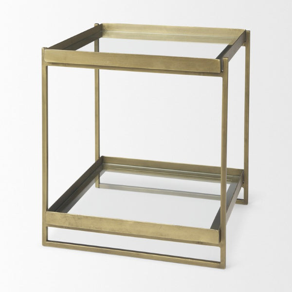 24 Inch Square Tempered Glass Iron End Table with Two Open Shelves for Modern Living Rooms
